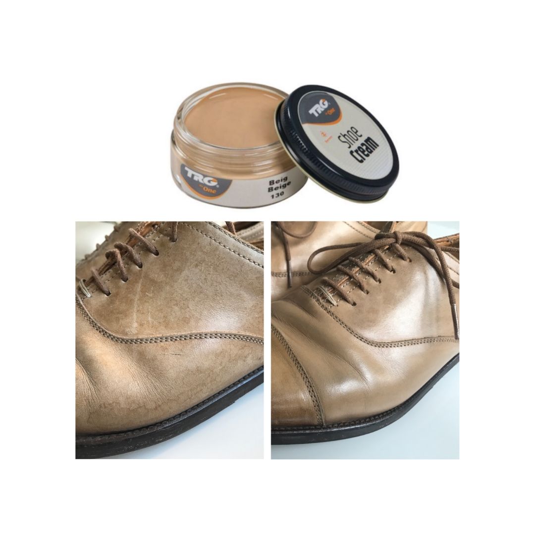 Oprava poškozených pánských kožených bot renovace kožené obuvi béžový krém na odřené boty beige 130 shoe cream trg1